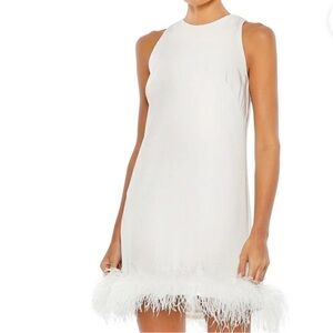 Mac Duggal 55804 White Halter Sheath Cocktail Dress with Feathers Size 2